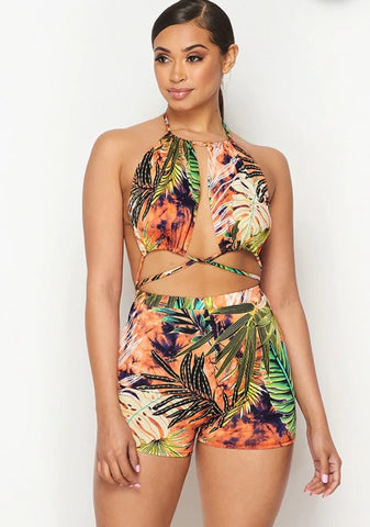 Orange Tropical Romper With Attached Bralette